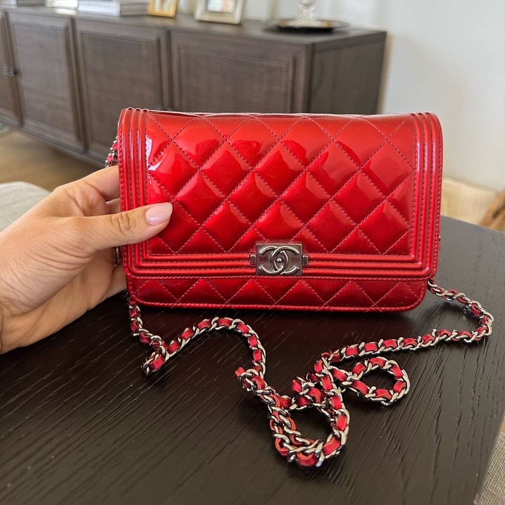 Chanel metallic patent calfskin quilted boy wallet on chain in red